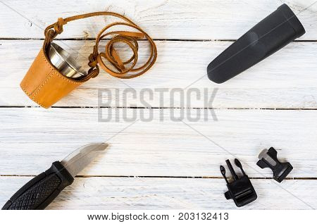 Tourist Knife In Plastic Sheath. Tourist Inventory. Copyspace