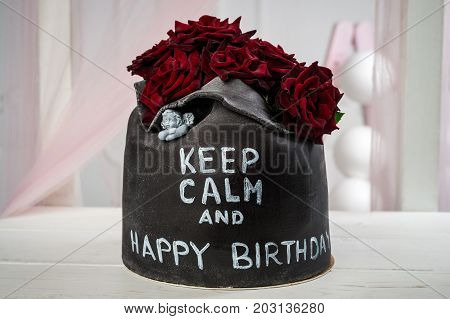 Delicious Handmade Cake Decorated With Roses, With The Inscription Kep Kalm And Napa Birthday. Horiz