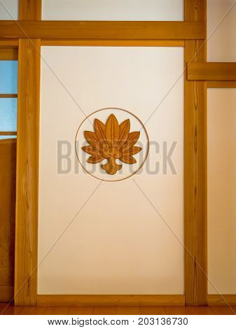 Indoor view with a figure in the in a room, covered with tatami mat at in Kyoto, Japan.