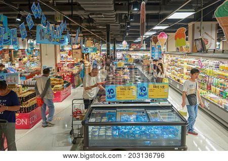 SHENZHEN, CHINA - OCTOBER 15, 2015: inside JUSCO supermarket in Shenzhen.