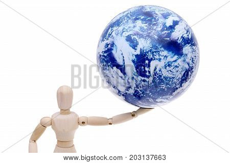 wooden model dummy with globe on head isolated on white background, eco concept