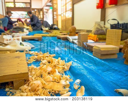 Close up of a wood waste after build some handicrafts in Japan.