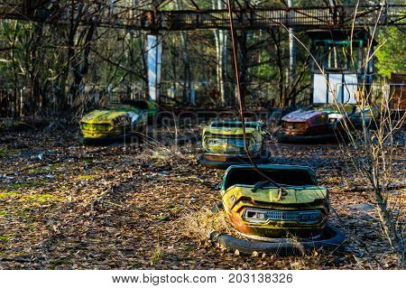 old broken autodrome after catastrophe in the pripyat
