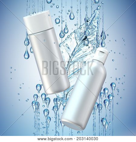 Cream bottle mock up in water splash on blue background. 3D illustration