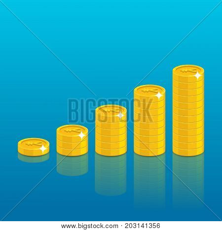 Chinese yuan or Japanese yen coin stack. Good financial foundation start, becoming rich. Business success and economy concept. Cartoon vector illustration on blue background