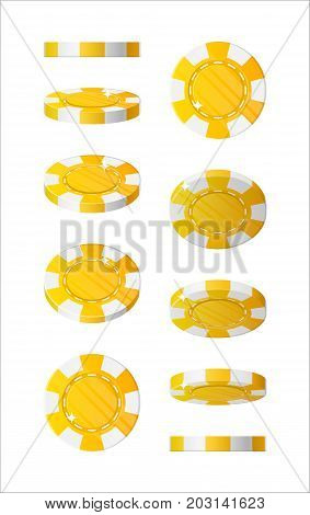 Yellow chips views cartoon style isolated. The blue chips are at different angles around its axis for designers and illustrators. Rotation of bets in the form of a vector illustration