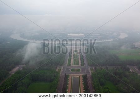 Luzhniki sport complex in foggy early morning in Moscow, Russia, view from MSU