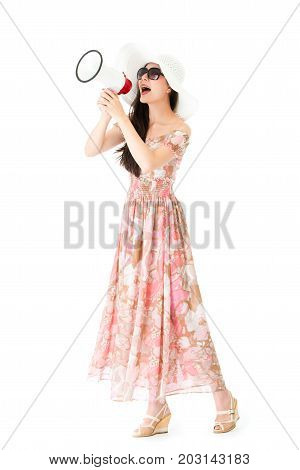 Happy Smiling Pedlary Woman Using Loudspeaker