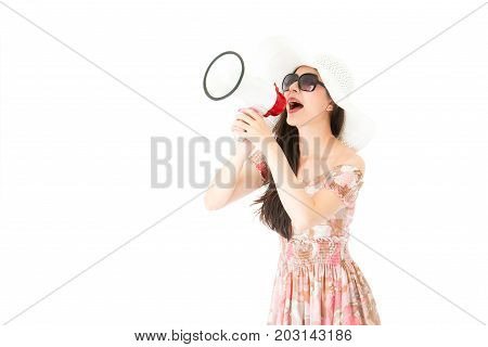 Beautiful Lady Holding Loudspeaker Telling News