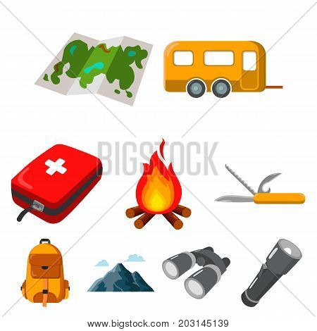 Camping set icons in cartoon design. Big collection of camping vector symbol stock illustration