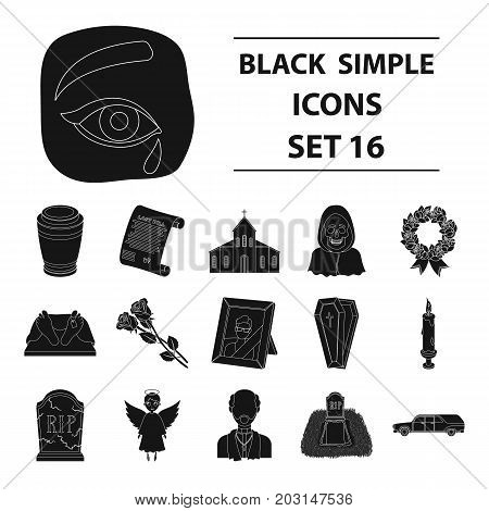 Funeral ceremony set icons in black design. Big collection of funeral ceremony vector symbol stock illustration