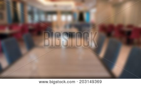 Table And Chair In Cafe Coffee Shop.  Food Cout, Cafeteria, Restaurant Interior. Blur For Background