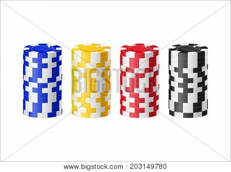 Chips columns cartoon style isolated. Four columns of casino chips of various colors for designers and illustrators. Piles of stakes in the form of a vector illustration