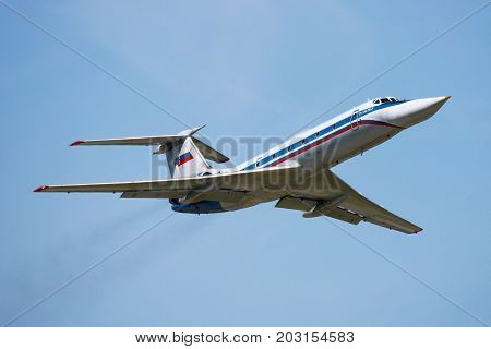 Chkalovsky, Moscow Region, Russia - June 23, 2010: Tupolev Tu-134UBL RF-66049 of Russian Air Force taking off at Chkalovsky.