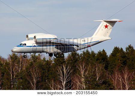 Chkalovsky, Moscow Region, Russia - April 12, 2011: Antonov An-72 949 BLACK of Russian Air Force landing at Chkalovsky.