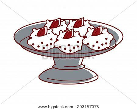 Sandesh with marmalade on metal plate isolated cartoon flat vector illustration on white background. Amazingly tasty Indian curd dessert in shape of balls. Delicious dietary vegetarian food.