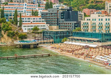 Budva, Montenegro - August 20, 2017: View of the modern beach town of Budva, Montenegro, Europe. Budva is one of the best and most popular resorts of the Adriatic Riviera.