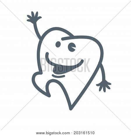 Tooth with facial expression of happiness dances funny with raised hand and leg isolated cartoon flat minimalistic vector illustration on white background. Fictional character in motion sketch.