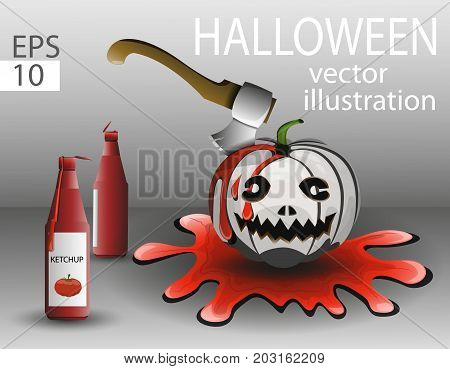 White pumpkin on Halloween with an axe and ketchup in the blood