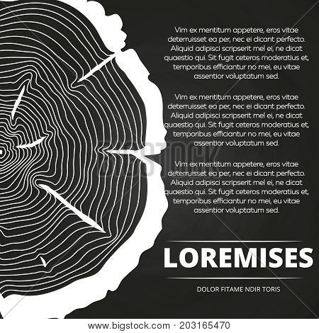 Chalkboard poster with white half tree growth rings design. Vector illustration