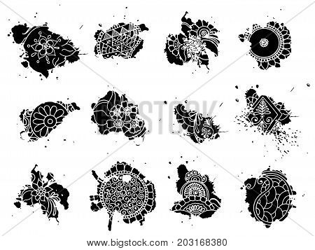 Vector abstract blots of tattoo henna. Stock set for design on white background.