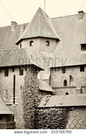 Summer day. Poland the town of Malbrock a Teutonic castle of red brick built from 1309 to 1456. Vertical shot. Black and white image