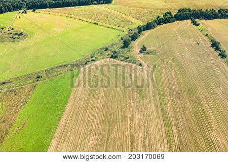 Green Winter And Yellow Harvested Fields On Hills