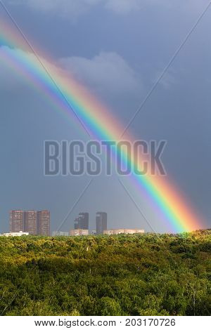 Rainbow In Gray Sky Over City And Green Trees