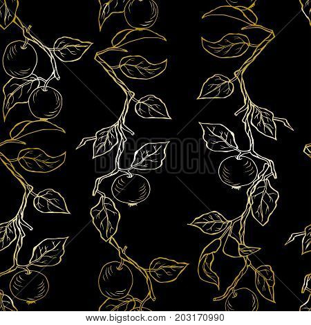 Seamless black pattern with golden apples. Vector.