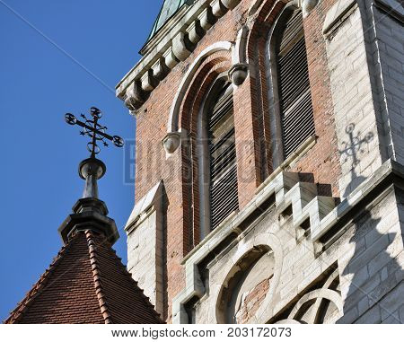 Chortkiv - Ternopil - Ukraine - December 21 2015. Fragments of the external architecture of the Dominican church in Chortkiv. Monument of architecture of 17-20 centuries.