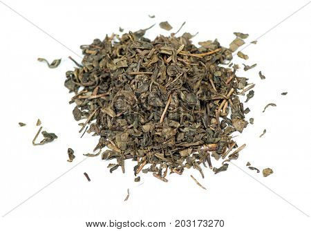 Heap of green tea leaves isolated on white background