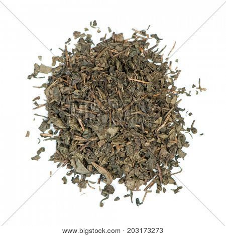 Heap of green tea leaves isolated on white background