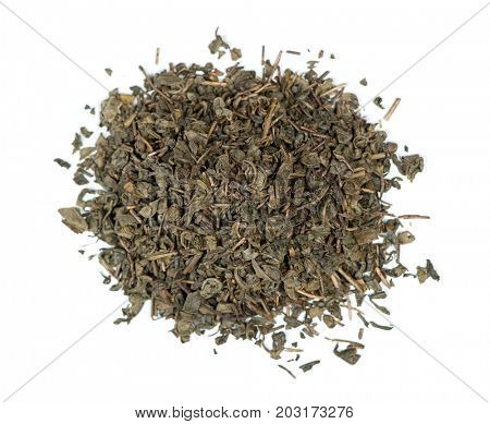 Heap of green tea leaves isolated on white background