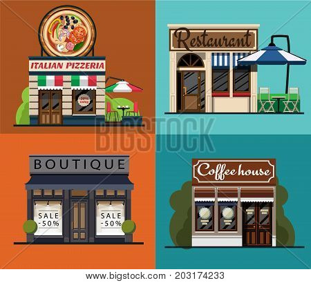 A set of facades of an Italian pizzeria, restaurant, boutique, cafe in a flat style. Facade of the Italian pizzeria. Facade of the restaurant. Facade of the boutique. Facade of the coffeehouse. Vector illustration Eps10 file