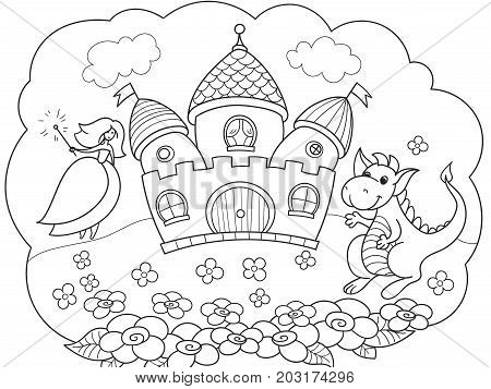 Bubble is a dream. The story of the princess, the dragon and the castle. A fairy tale. Vector storybook illustration.