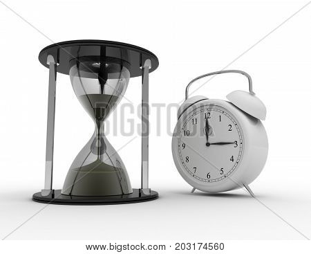 Hourglass And Alarm Ckock On White Background. Business Time Concept  3D Rendered Illustration