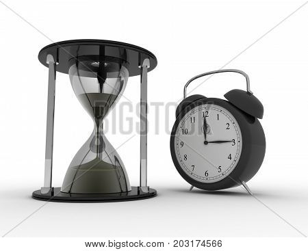 Hourglass And Alarm Ckock On White Background. Business Time Concept  3D Rendered Illustration