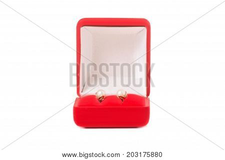 A box for jewelry earrings red on a white background isolation