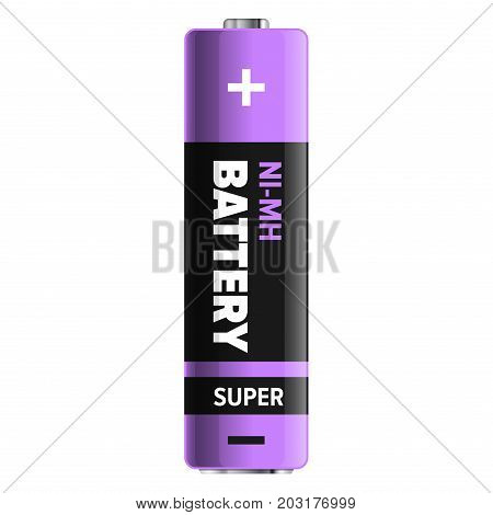 Super nickel-metal hydride type of powerful and compact battery isolated on white. Qualitative energy container for long usage in purple and black colors. Small galvanic appliance vector illustration.