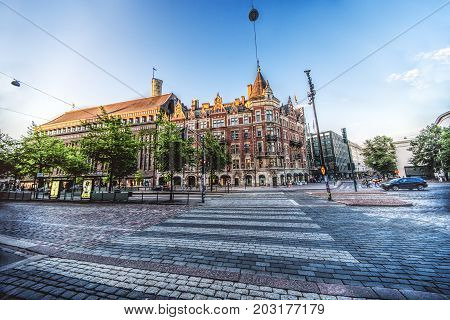HELSINKI FINLAND: Empty crosswalk and Flagship Stockmann store in centre of city in the evening on August 1 2013