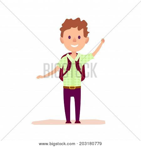 Curly cheerful boy with burgundy brief-bag waving by hand vector illustration. Smiling pupil dressed in green shirt and purple trousers.
