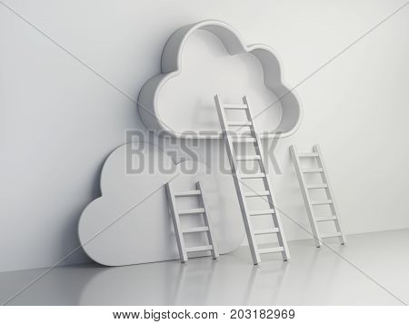 Сompetition leader concept with cloud and ladders progress and advancement process. 3d illustration.