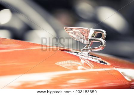 Wroclaw, Poland -  August 19Th, 2017: Hood Ornament On A Vintage Bentley Car. Bentley Motors Limited
