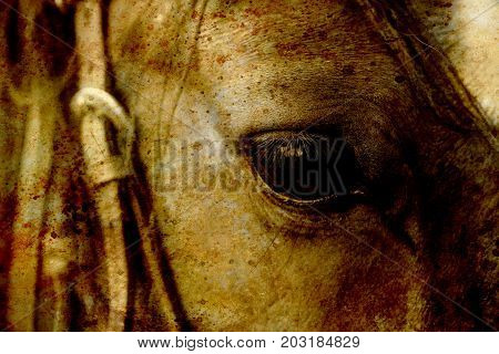Close Up of a brown horse eye. Sepia effect