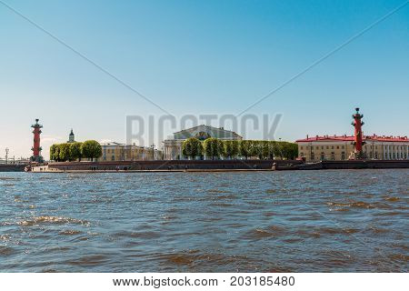 view of arrow of Vasilyevsky Island from the Neva river St. Petersburg Russia