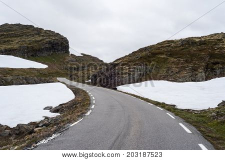Mountain road in Norway runs from Aurlandsvangen to Laerdalsoyri