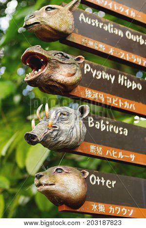 Interesting signs to the enclosures. Pointers with animal's heads. Singapore zoo.