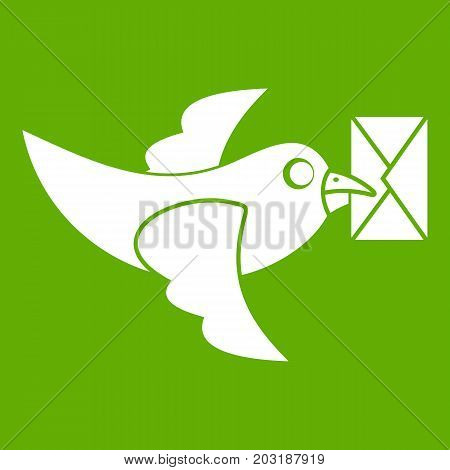 Pigeon fly with mail icon white isolated on green background. Vector illustration