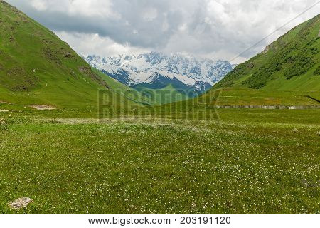 landscape summer and snowy mountain peaks near the village of Mestia, Georgia