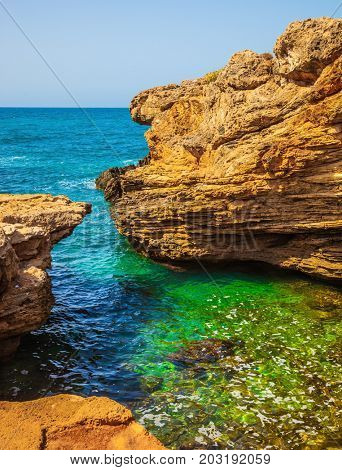 The grottoes of Rosh Ha Nikra on the Mediterranean coast. Geological phenomenon in the north of Israel, on the border with Lebanon. Rocks of limestone form caves, arches and grottoes